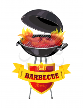 Hot barbecue party and grille grid vector. Isolated icons gridiron with roasted sausages and frying frankfurters. Preparation of fool barbeque picnic