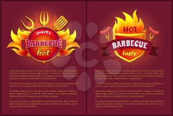 Hot barbeque vector icons with burning badges on posters, text sample. Fork, spatula and paddle, grilled sausages on metal turner in flame sparkles