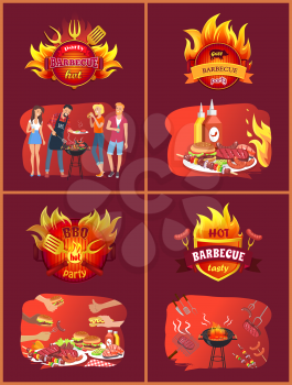 Party barbecue hot set of posters with people eating roasted food. Hamburgers and fried sausages, frankfurters on forks, brazier with meal vector