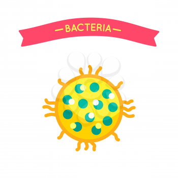 Bacteria cell poster icon of bacteria closeup. Banner with text rounded virus with core. Viral microorganism molecule and stripe isolated  vector
