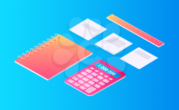 Tools for writing and calculating cartoon set isolated vector banner. Notebook on spring and sheets of paper, ruler and calculator 3d isometric design