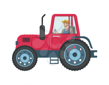 Tractor man driving isolated icon vector. Person working on farm using vehicle for cultivation and transportation of products. Farming seasonal works