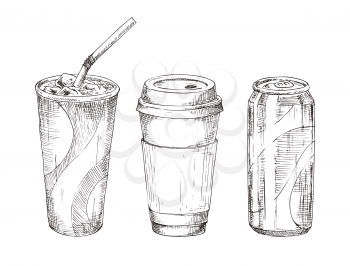 Disposable glass with ice liquid, cup with coffee or tea and metal soda can. Advertising take-away drink sketch icon set for snackbar promo or menu vector
