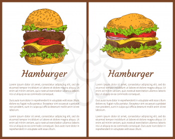 Hamburger american cuisine meal posters set. Buns roasted and ham meat, tomatoes with salad leaves. Cheese and ripe tomatoes, vector illustration