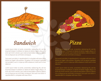 Sandwich and pizza fast food colorful banners, vector illustration of tasty dishes, toasted buns with filling, baked dough covered by ingredients set