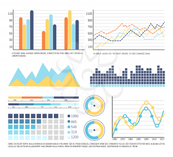Infographics and graphic charts business data presentation vector. Timelines and tables, flowcharts with figures and statistics. Pie diagram info set