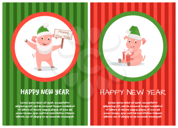 Happy New Year postcard, pig in green hat and Santa Claus beard, greeting card wishes. Piglet sitting with gift box in round frame, on striped backdrop