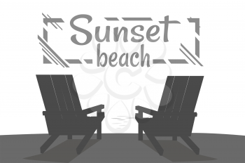 Sunset on beach, summer party, banner with black loungers, beautiful view of calm ocean, summertime, flat vector illustration fun time