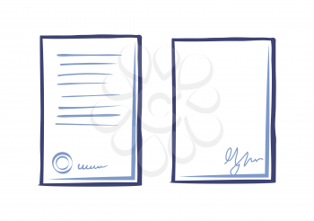 Empty sheet of paper with signature and page with scribbles isolated. Office page with sign and stamp. Line art sign of document, signed contract vector