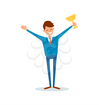 Man holding gold cup award, businessman with prize in hands vector. Flat style of successful boss stretching hands up, leader celebrating victory