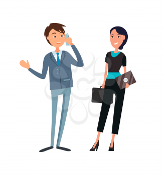 Business partners man and woman in flat design cartoon style. Coworkers, male speaking on phone, female in formal wear with tablet in hands smiling