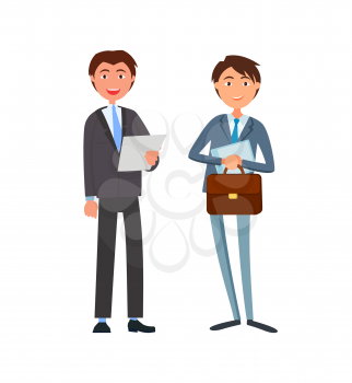 Smiling businessman in formal wear and executive worker with papers and briefcase vector business people isolated. Workers in suits, male cartoon characters