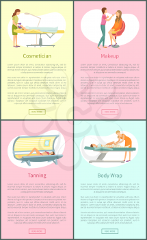Cosmetician and clients face treatment vector. Posters set with text sample and people working with women, tanning in solarium and body wrap procedure