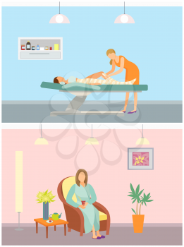 Body wrap for health and slimming results. Resort relaxation of woman sitting in armchair drinking tea relaxing, calm lady tranquil vacations vector