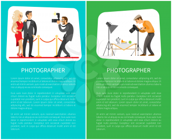 Paparazzi and still life photographer web bright banners set. Celebrities couple at red carpet , fruits near teapot on table vector illustrations.