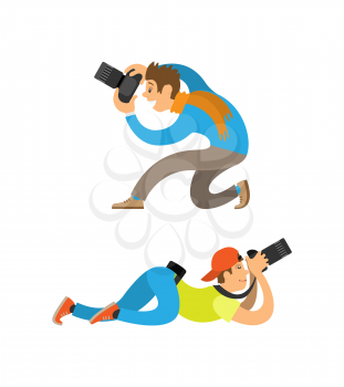 Photographers making picture with modern digital cameras from bottom angles. Man sitting or guy in cap lying to take photo vector illustrations set.
