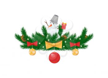 Snowman with bucket on head on spruce branches, winter Christmas and New Year holidays decoration isolated vector icon. Color balls with bows, lights
