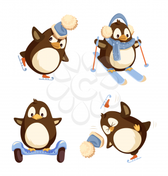 Penguin skiing and skating in warm hat and earmuffs with scarf. Running animal on segway and falling. Set of winter activities isolated on white vector