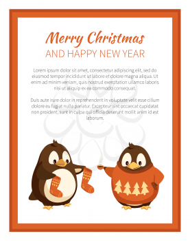 Merry Christmas penguin wearing warm sweater with pine tree print poster vector. Animal holding celebration socks, winter holidays with text sample