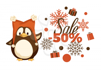 Merry Christmas sale 50 percent half price off vector. Special discount winter holiday offers, snowflake ornaments and percentage penguin in warm hat