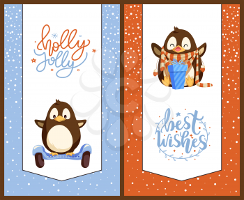 Penguin on gyroscooter and with Christmas gift box. Bird on modern transport and animal in scarf and mittens, New Year present, winter holidays vector