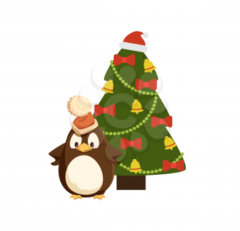 Penguin in Santa hat near decorated Christmas tree. Bird in headdress, beads and jingle bells, bows on fir or spruce, New Year celebration vector