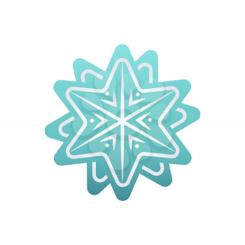 Snowflake decorative winter element vector isolated icon. Wintertime figure in white and blue, snow of flake in flat style, New Year and Christmas decor sign, paper art and craft style