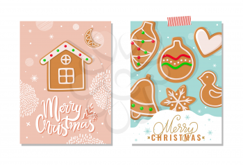 Merry Christmas happy holidays greeting poster vector. Gingerbread meal, cookies made of ginger in shape of house, ball and bell, heart and birdie