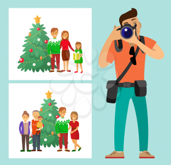 Couple family standing by Christmas tree photo vector. Mother and father, grandmother and grandfather evergreen pine photoshoot photographer with camera