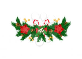 Spruce branches and white mistletoe, red poinsettia flowers and striped candy sticks, bow and pine cones vector New Year decoration icon isolated