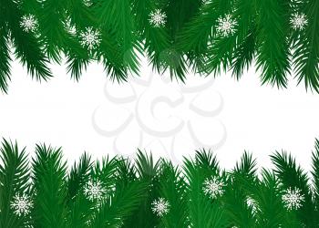 Pine tree branches evergreen spruce with snowflakes decoration vector frame. Banner for text, twigs with needles, fir branchlet with ice ornaments natural