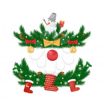 Christmas and New Year holidays decorations isolated vector icon. Color balls with bows, lights, snowman on spruce branches, Santa stockings red socks