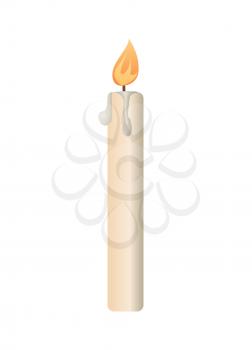 Burning candle from paraffin wax in flat style isolated on white. 3D design holiday celebration symbol or light object, vector icon of church symbol