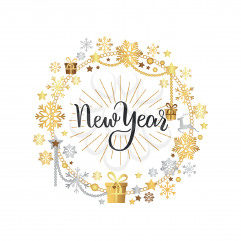 New Year lettering hand drawn doodle text, Merry Christmas decorative border with golden and silver ornamental snowflakes, garlands and gifts, deer