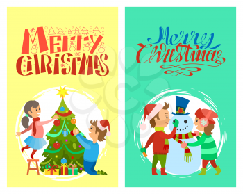 Merry Christmas holidays children building snowman and decorating Xmas spruce tree vector in round brush frame. Boy in Santa Claus hat and pretty girl, lettering