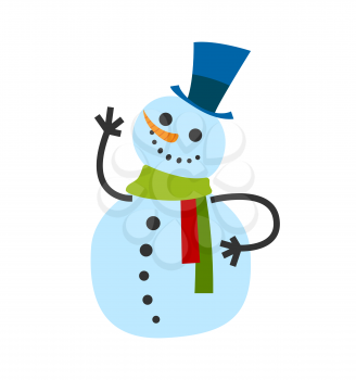 Snowman male, in warm winter scarf and high hat wave hand and greets everyone. Smiling cartoon wintertime characters, Christmas postcard isolated vector