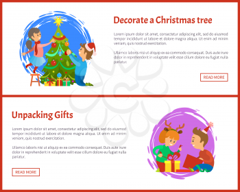 Decorating Christmas tree and unpacking gifts web posters. Christmas holidays, children opening presents vector. Girl and boy unpacking boxes with surprises