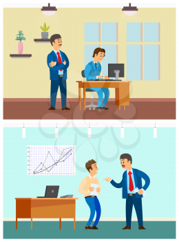 Worker control and bad job, office work. Boss watching secretary work at computer, rebuke for wrong document, company interior vector illustrations.
