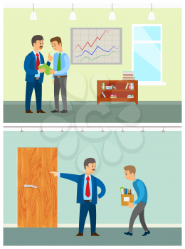 Boss planning new company strategy with coworker vector. Director with employee discussing problems, manager discharging unemployed person with boxes