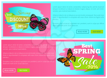 Spring discount sale 30 70 off emblems set on online web pages, butterflies of brown color with black dots, butterfly springtime vector promo stickers