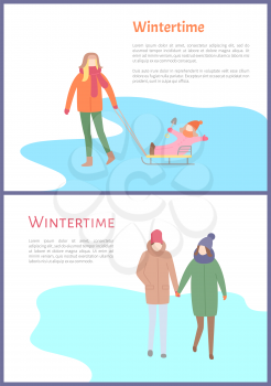 Wintertime couple walking outdoors during winter season vector. Mother with child sitting on sledges holding shovel for kids. Seasonal activities
