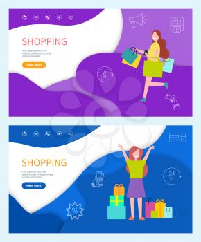 Shopping standing and running happy girl. Smiling lady with little dog holding bags. Happy woman in t-shirts with skirt and jeans vector colored background