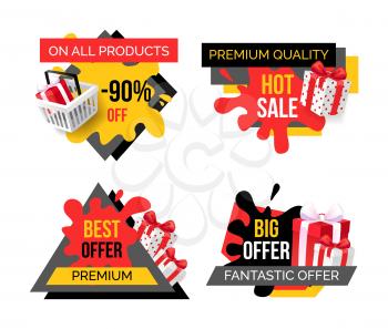 Premium quality products sale, exclusive offer isolated banners set vector. Present in basket blots and ribbons, bargain of shops to clients customers
