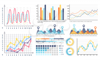 Infographics and curves pie diagrams with segments vector. Design of visualized data, visualization in flowcharts, graphs and schemes with scales