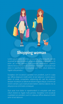 Shopping woman female lady walking with bags and handbag on shoulder vector. Shopper with bought items, friends with pet and purchases, sale poster