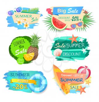 Big sale and summertime offer banners set vector. Seasonal reductions and price on lower cost. Pineapple and watermelon fruits, ball and saving ring