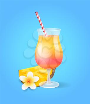 Cocktail in glass with straw, pineapple and exotic flower, isolated refreshing drink. Summertime poster with exotic beverage and vanilla blossom isolated