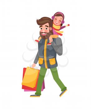 Father carrying young daughter on shoulders. Parent and little girl do shopping on Christmas. Dad with bags or packs, holiday gifts for family members