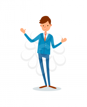 Man greeting waving hand to say hello welcome vector in flat style. Man executive chief wearing formal suit with tie. Leader, boss of company business