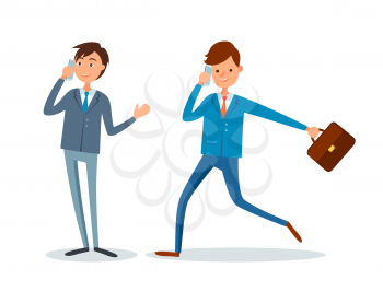 Man rushing to work, businessman talking on mobile phone vector. People making business calls to partner and clients. Director and manager busy at job